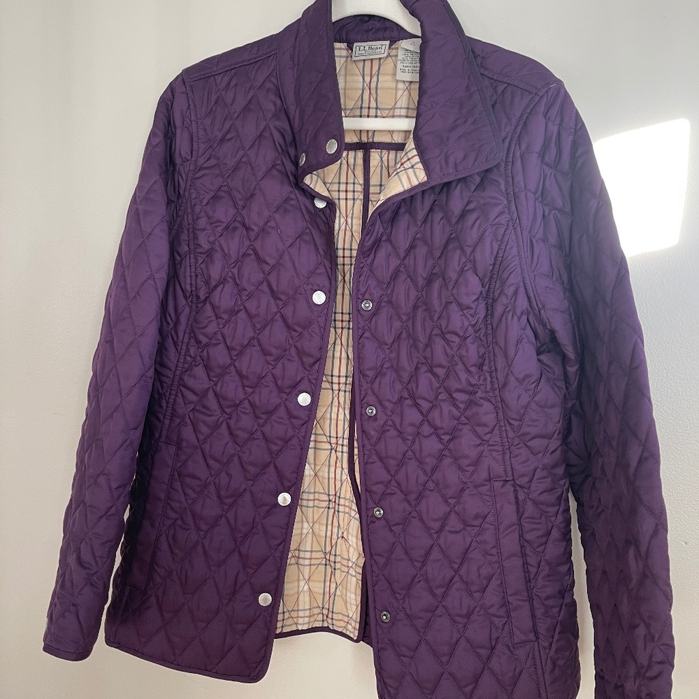 LL Bean Womens Purple Quilted Riding Jacket Plaid Lining Size Small